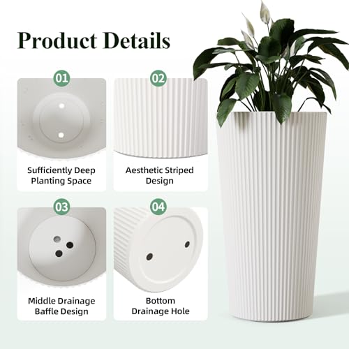 24" Tall Round Planters for Outdoor Plants Fluted Finishes - White - color: White