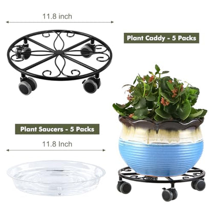 Planterhoma 5 Pack Plant Caddy with Wheels & Saucers, 11.8" Heavy Duty Metal Rolling Plant Stand, Plant Dolly with Lockable Casters, Rustproof Iron Planter Mover for Indoor Outdoor, Black - size: 11.8 Inches - 5 Pack