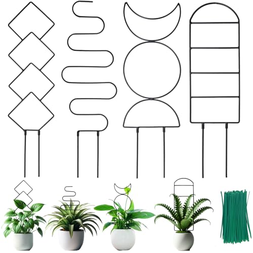 4 Packs 19 in Heighten Trellis for Climbing Plants Indoor, HENABLE Small Garden Metal Trellis for Potted Plants Outdoor for Vine Ivy Flower Plant Support, 4 Different Black Iron Patterns - size: 19 IN