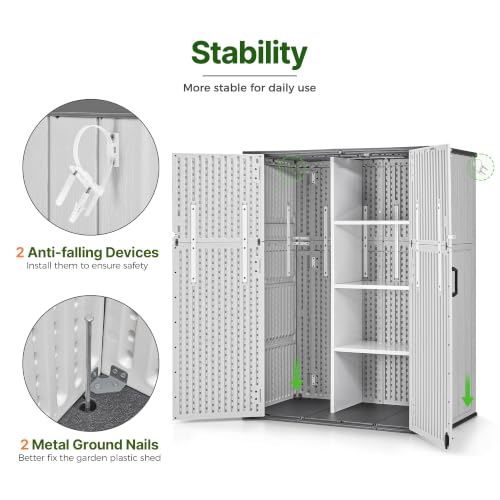 Macrout 50 Cu.Ft Plastic Outdoor Storage Cabinet with Shelves, 4.5 x 2 ft Waterproof Resin Outdoor Storage Shed with Floor, Lockable Vertical Shed for Garden and Patio ST2269 - size: Medium