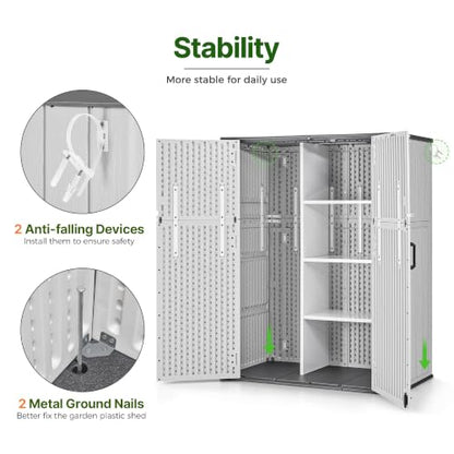 Macrout 50 Cu.Ft Plastic Outdoor Storage Cabinet with Shelves, 4.5 x 2 ft Waterproof Resin Outdoor Storage Shed with Floor, Lockable Vertical Shed for Garden and Patio ST2269 - size: Medium