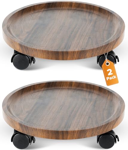 2 Pack Plant Caddy with Wheels, 12" Wood Rolling Plant Stand with 360° Lockable Wheels, Plant Stands Outdoor for Large Plants, Flower Cart Plant Dolly Plant Caster for Heavy Objects, Walnut - color: 12inch-Walnut