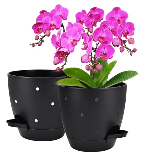 Vanslogreen 6 Inch Orchid Pots with Holes, 2 Pack Self Watering Planters for Orchids Plastic Orchid Pot Plant Flower Pots for Orchids Indoor Outdoor (Black) - color: Style Round-black