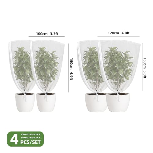 4-Pack Fine Mesh Plant Cover with Drawstring, 3.3x4.9FT - 4.0x4.9FT, Reusable Garden Netting for Vegetables, Flowers, Fruit Trees and Potted Plants, Insect Barrier Plant Protection Net - size: 3.3*4.9Ft + 4.0*4.9Ft-4pack