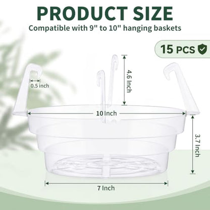 Gejoy 15 Pcs 10 Inch Hanging Plant Water Catcher Tray Clear Plastic Baskets Drip Pans for Flower Pot, Round Plant Saucer with Hooks for Balcony Patio Indoor Outdoor Watering Accessories - size: 10 Inch