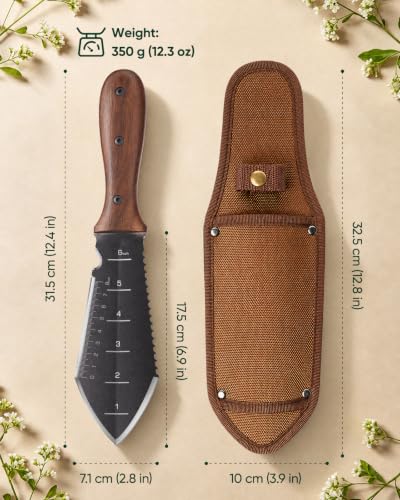 Grenebo Hori Hori Garden Knife, 4mm Thick Extra-Wide Blade Garden Tool - color: Brown