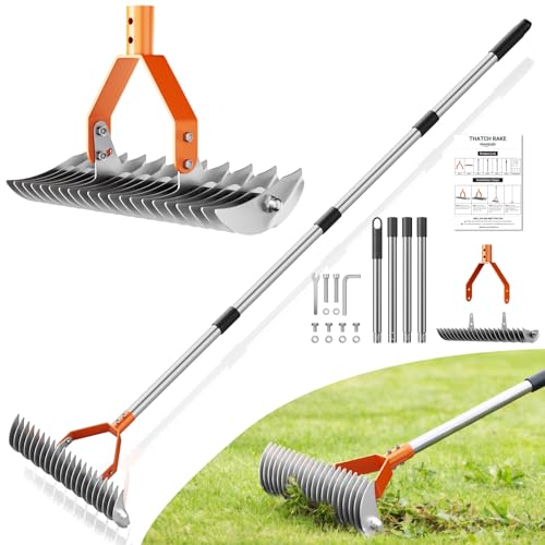 21-Tine Thatch Rake for Lawn,15" Heavy Duty Dethatcher Rake with 68" Handle - color: Orange