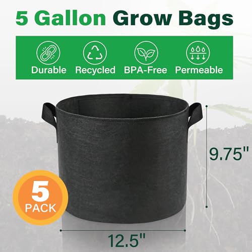 LotFancy 5 Pack 5 Gallon Grow Bags, 300G Thickened Nonwoven Fabric Pots with Reinforced Handles, Heavy Duty Aeration Planter Bags for Vegetables Flowers Fruits, Black - size: 5 Gallon（Pack of 5）