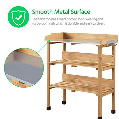 Topeakmart Potting Bench, Metal Top Garden Table for Outdoors,Natural Wood - color: Natural Wood