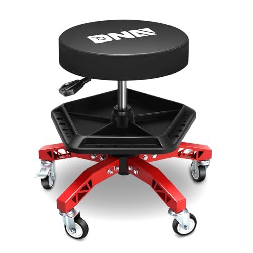 DNA Motoring Rolling Shop Stool, Adjustable Height Padded Rolling Seat, Pneumatic Roller Mechanic Stool for Garages, w/Tool Storage Tray, 300lbs Capacity, TOOLS-00636-BK-RD - style: Red Tray Model