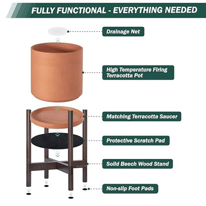 D'vine Dev Terracotta Pot with Walnut Wood Stand, 8 in, 55-B-Y-5 - color: Terracotta Pot + Walnut Color Stand, size: 8 Inch