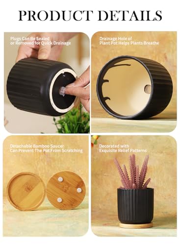 4 Inch Ceramic Plant Pots, Small Succulent Pot with Drainage Hole & Saucer - color: Stripe Pure Black