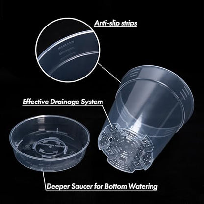 1 Gallon 6 Inch Clear Plastic Plant Pot with Drainage Holes, Interlocking & Detachable Tray - Deep Saucer - Durable BPA-Free Plastic, Transparent Design, Raised Base for Airflow, Set of 6, 92-X-A-6 - size: 6.5" x 7"