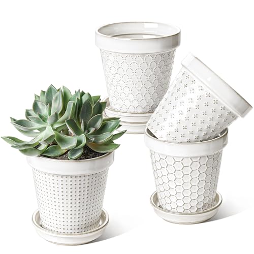LE TAUCI Ceramic Plant Pots, 5 Inch Flower Pots with Drainage Hole & Saucer, Embossed Planter Pots for Indoor Plant Succulent, Orchid, Cactus, Home Decor - Set of 4, Arctic White - size: 5 inch