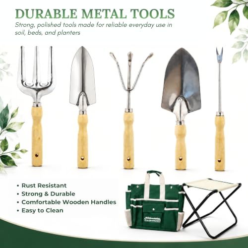 GardenHOME 7-Piece Garden Tool Set with Folding Stool & Storage Tote - style: 7piece