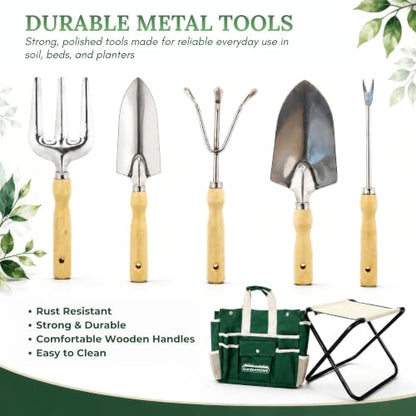 GardenHOME 7-Piece Garden Tool Set with Folding Stool & Storage Tote - style: 7piece