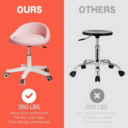 Rolling Stool – Ergonomic Swivel Seat, Adjustable Height, Ultra-Quiet Wheels, Padded PU Leather Cushion, for Salon, Office, Massage & Medical Use Pink 1 - color: Pink