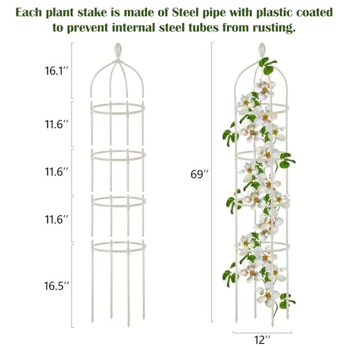 2 Pcs Garden Obelisk Trellis for Climbing Plants Outdoor 6 Ft Rose Bush Round Trellis for Pots Rustproof Metal Pipe with Plastic Coated Plant Flower Trellises for Clematis Vine Jasmine Support - color: White, size: 6 Ft(2 Pcs)