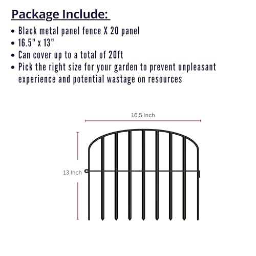 ShopLaLa Decorative Fence (20 Panels) 13in(L) x 16.5in(H) Rustproof Black Metal Wire Fencing Animal Barrier for Dog, Stylish Flower Bed Edging for Landscape Yard Lawn Patio Outdoor Panel Decor Border