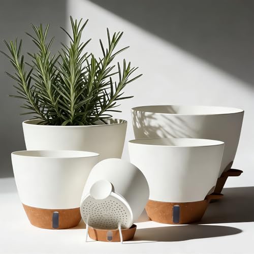 7/6.5/6/5.5/5 Inch Self Watering Pots, Plastic Flower Pots with Multi Mesh Drainage Holes and Deep Reservoir for Indoor Outdoor Garden Plants and Flowers (White, 5/5.5/6/6.5/7) - color: White, size: 5/5.5/6/6.5/7