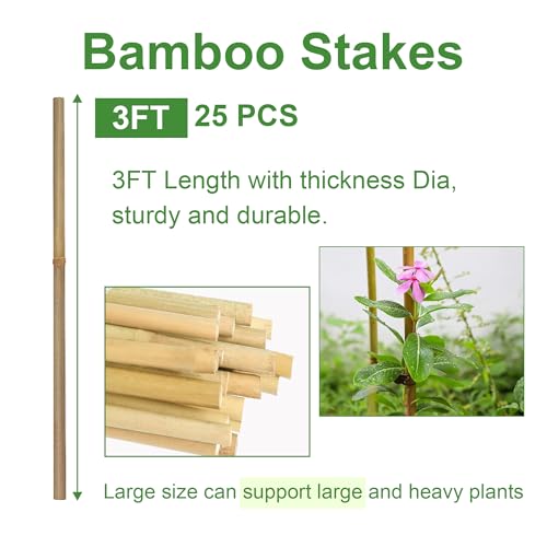 Bamboo Stakes 3FT 25 Pack, Garden Stakes 36 inch, Thicker Sturdy Nutural Plant Stakes for Tomatoes, Beans, Flowers, Potted and More Climbing Plants - size: 3FT, pack of 25
