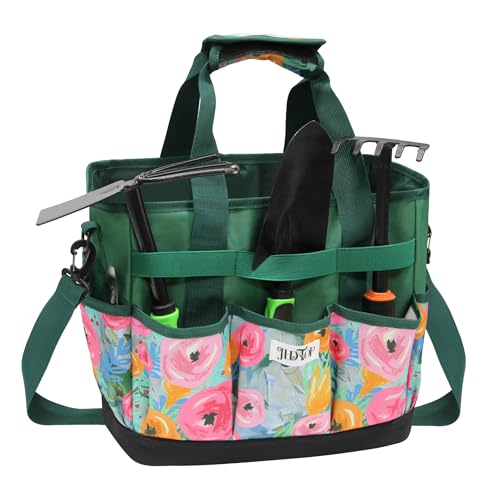 Hard Bottom Floral Garden Tool Tote Bag with Shoulder Strap - color: Green Floral