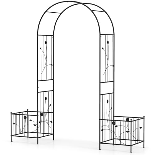 Giantex 86'' Metal Garden Arbor Arch Trellis with Planters, 8 Ground Stakes