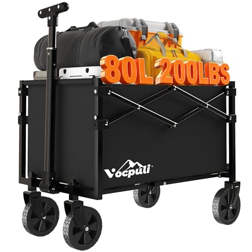 25" L Collapsible Wagon Cart Foldable, 200lbs Weight Capacity 80L Folding Beach Wagons with All-Terrain Wheels, Utility Carts for Groceries, Shopping, Camping, Sports - Black - color: Black, size: 80L