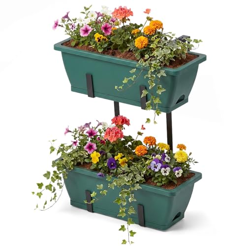 CADUKE 2-Tier Deck Railing Planter Boxes, 16.9 Inch Hanging Fence Flower Boxes with Detachable Hooks & Drain Holes for Porch & Garden, Green - color: Green