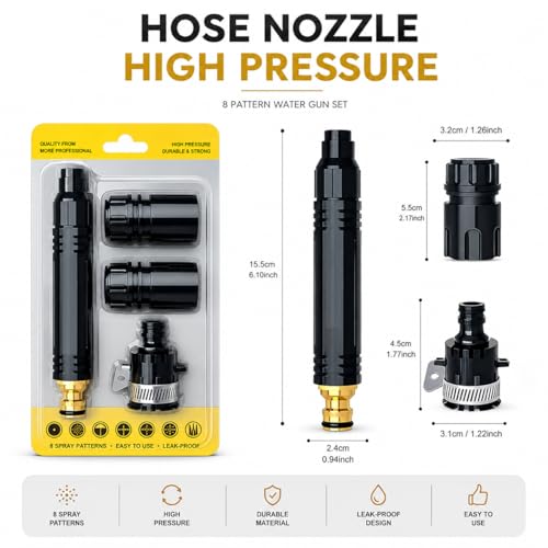 High Pressure Water Spray Gun for Garden Hose - 3 Adjustable Spray Modes Metal Nozzle for Car Wash, Patio, Floor & Plant Watering (1 Pack)