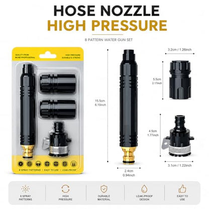 High Pressure Water Spray Gun for Garden Hose - 3 Adjustable Spray Modes Metal Nozzle for Car Wash, Patio, Floor & Plant Watering (1 Pack)