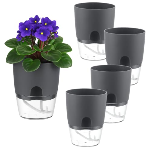 5 Pack Self Watering Pots for Indoor Plants, PlanterHoma 4 Inch Plant Pot Plastic Self Watering Planter for Orchid, African Violet, Small Clear Flower Pots with Drainage Holes and Wicking Rope, Grey - color: Gray, size: 5 Pack (4 In)