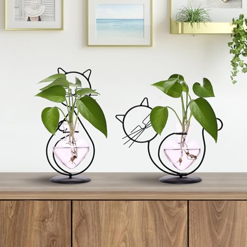 Plant Terrarium Propagation Station Gifts for Women Cat Lover - color: Pink