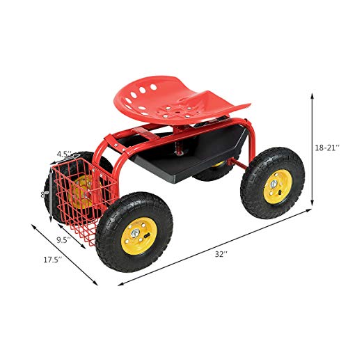 IRONMAX Garden Cart with Seat, Heavy Duty Gardening Work Stools w/Height Adjustable Seat & 10’’ Large Wheels, Rolling Garden Scooter for Outdoor Lawn Yard Planting (Red)