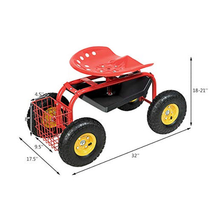 IRONMAX Garden Cart with Seat, Heavy Duty Gardening Work Stools w/Height Adjustable Seat & 10’’ Large Wheels, Rolling Garden Scooter for Outdoor Lawn Yard Planting (Red)