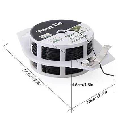 328ft (100m) Twist Ties, Plant Ties for Vines Garden Wire with Cutter for Gardening Home Office, Multi-Function Black Plastic Coated Wire - color: Black