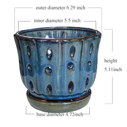 6 inch Round Ceramic Orchid Pot with Holes Orchid Planter (Dark Blue) - color: Dark Blue