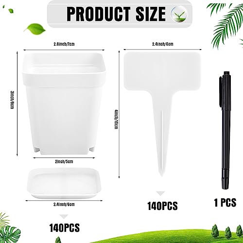 140 Pcs 3 Inch Plastic Plant Pots Square Seedling Nursery Pots Reusable Small Plant Pots with Saucers 140 Pcs Waterproof Plant Labels T Type Plant Tags Marking Pen for Garden Balcony Office (White) - color: White