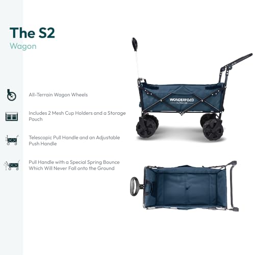 WONDERFOLD S2 Push & Pull Folding Utility Cart with Wide Beach Tires, Adjustable Push Handle, Telescopic Pull Handle with Spring Bounce Technology & Storage Pouch, Blue - color: Blue.