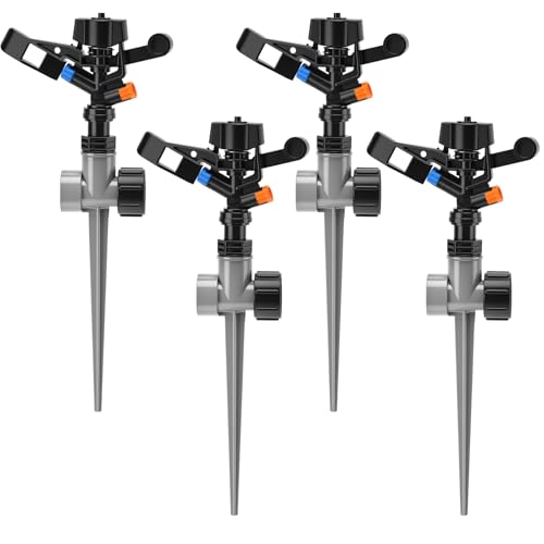 4 Pack Impact Lawn Sprinkler for Yard 360 Degree Automatic Garden Water Sprinkler on Metal Spike Base Rotating Heavy Duty Zinc Alloy for Large Area Garden Lawn Irrigation