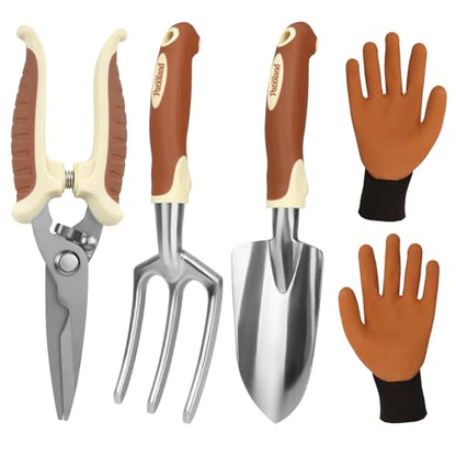 Brown Garden Tool Set 4-Piece, Trowel, Fork, Pruning Shear&Gloves - color: brown-4pcs