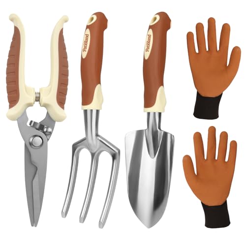Brown Garden Tool Set 4-Piece, Trowel, Fork, Pruning Shear&Gloves - color: brown-4pcs