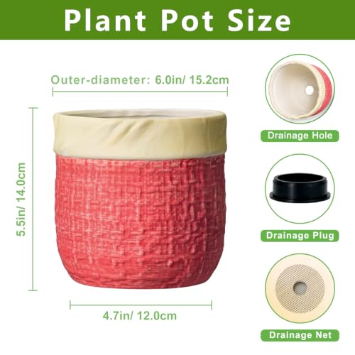 6 Inch Pots for Plants, Ceramic Planter, Round Flower Pots, Red - color: Red, size: 6 Inch