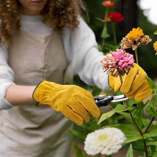 OZERO Cowhide Leather Work Gloves, Gardening, Flex Grip, 3 Pairs, Gold, L - color: Gold(3 Pair), size: Large