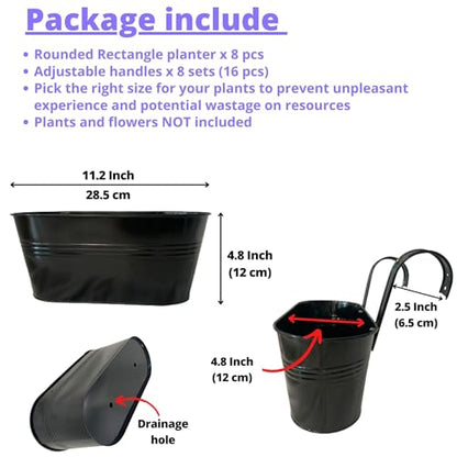 LaLaGreen Outdoor Plants Rail Planter (11.2 Inch, 8 Pack) Black Metal Iron Hanging Flower Pots Deck Railings Fence Buckets Modern Garden Boho Style Wall Mount Window Box Plant Holder Hooks Porch Decor - size: 11.2" (28cm) x 8 Pack