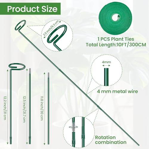 Plant Support Stakes 6 Pack, 12/24/36 Inch Heavy Duty Metal Plant Stakes, Adjustable Garden Plant Support Cages/Rings for Outdoor Indoor Plants, Plant Stick Support for Amaryllis Tomato Peony Orchid