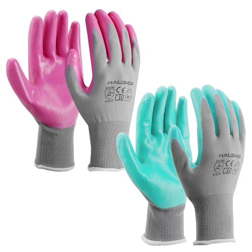 HAUSHOF 6 Pairs Garden Working Gloves for Women, Nitrile Coated, L - size: Large (Pack of 12)
