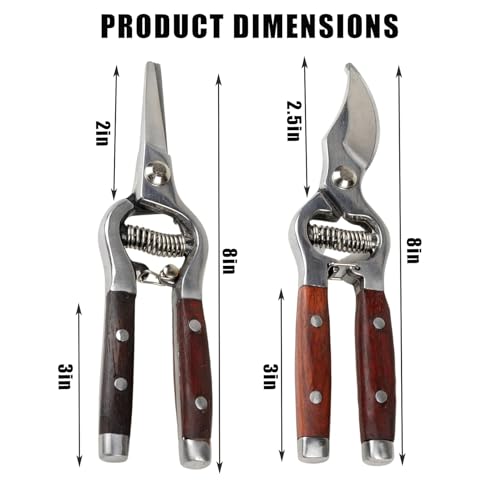 Garvee 2 Pack Garden Pruning Shears for Gardening, Wood Steel Handle Bypass Pruning Shears for Gardening, Curved Straight Garden Shears, Gardening Tools for Plants Flowers Light Branches