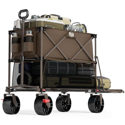 TIMBER RIDGE 400L Large Capacity Folding Double Decker Wagon with Brakes, 54" Extra Long Extender Wagon Cart, 450lbs Heavy Duty Collapsible Cart, All-Terrain Big Wheels for Camping, Sports, Shopping - color: Tan, size: Double Decker