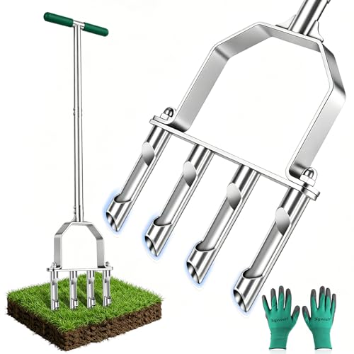 Stainless Steel Aerator Lawn Tool, Manual Core Aerator with 4 Hollow Tines